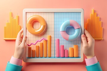 Photo of hands holding a digital tablet displaying a colorful financial chart with bar graphs and donut charts, symbolizing data analysis and business growth
