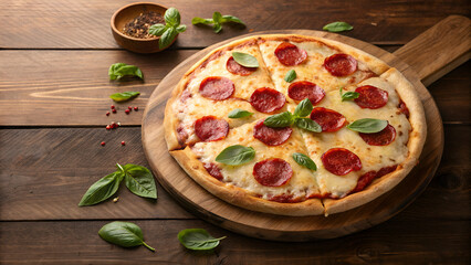 Fresh Pepperoni Pizza, Sliced, with Basil Leaves, Rustic Wood Table, Top View