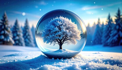 Winter's embrace: A frozen tree within a snow globe nestled in a snowy landscape