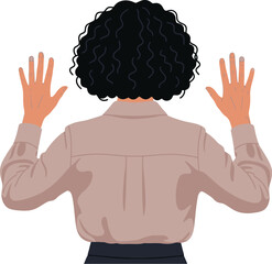 Woman curly hair hands up surrender vector illustration art