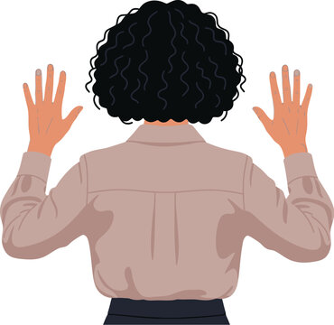 Woman curly hair hands up surrender vector illustration art