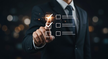 Businessman in Suit Pointing to Virtual Checkboxes with Digital Overlay