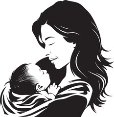 Mother’s Warm Hug Black Vector Art Modern Mother and Baby Together