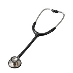 A professional stethoscope featuring a black tube and silver chest piece on a white isolated background, symbolizing healthcare and medical practices.