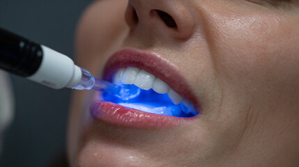 Close-up of a woman's teeth being whitened with a blue light device. Cosmetic dentistry procedure for brighter smile.