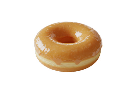 Golden-brown glazed donut with shiny sugar glaze on clean, light minimalist surface, blurred coffee cup in soft background. Photorealistic flat lay, soft daylight. Concept of simple pleasure