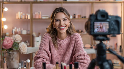 Woman beauty blogger recording video. Female influencer live streaming cosmetic review. Vlogger making makeup tutorial for social media.