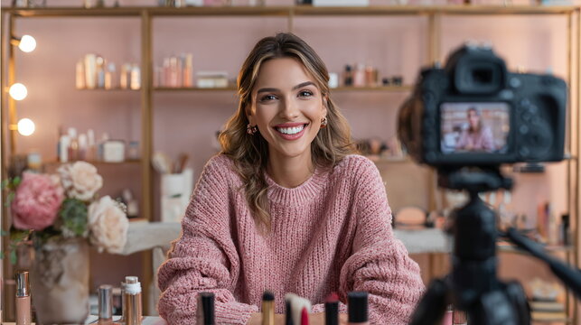Woman beauty blogger recording video. Female influencer live streaming cosmetic review. Vlogger making makeup tutorial for social media. - Powered by Adobe