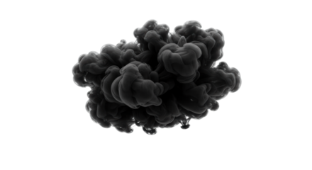 Intricately textured, swirling dark grey to black abstract cloud, isolated against a transparent, shadowless background with high contrast. Concept of abstract problems and challenges