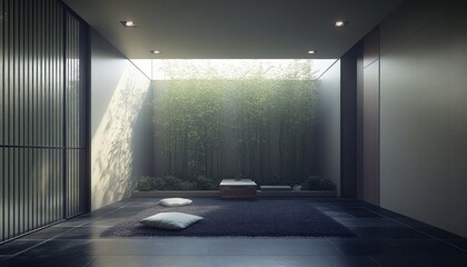 Serene indoor garden with bamboo, sunlight, and meditation cushions