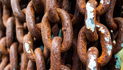 A Close-Up View of Heavily Rusted Chain Links with Remnants of Chipped Paint