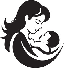 Tender Embrace of Mother and Infant Mother Holding Baby Black Line Art