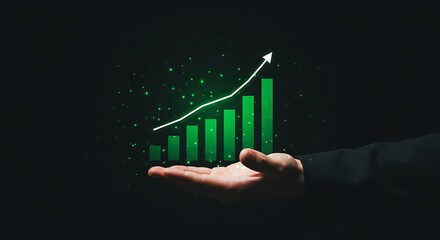 Hand Holding a 3D Bar Graph with an Arrow Rising