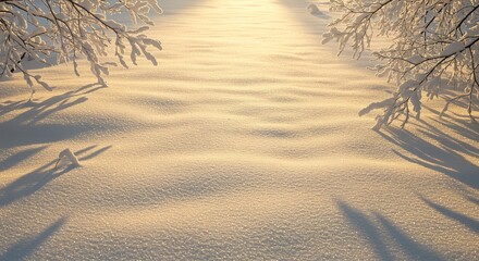 Golden hour sunlight illuminates a snow covered field with frosted tree branches casting long shadows creating a beautiful winter scene