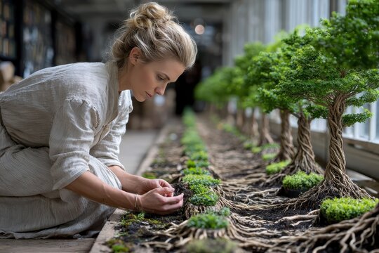Woman tending to bonsai trees indoors in a tranquil plant nursery