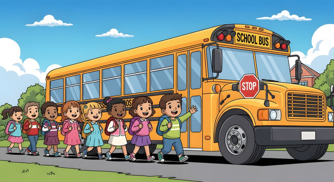 A diverse group of elementary school children with backpacks lining up to board a yellow school bus. - Powered by Adobe