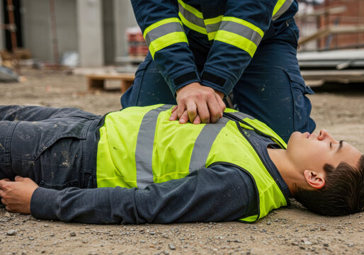 Paramedic performs CPR on construction worker at job site during emergency situation in daylight