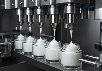 Manufacturing process of cream filling jars at a factory in the morning