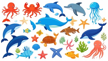 Underwater aquatic cartoon animal collection featuring ocean inhabitants clipart