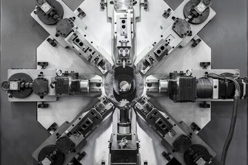 Automatic wire bending machine, High precision CNC machining center working, operator making automotive spring part process in factory.