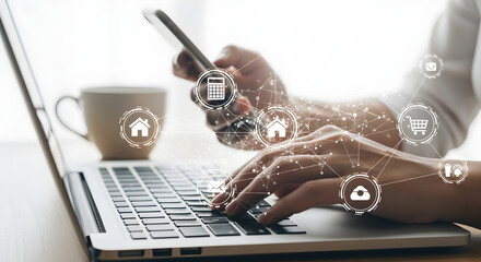 Hands Typing on Laptop with Digital Icons Overlaying Modern Technology and Connectivity in a Bright Indoor Setting