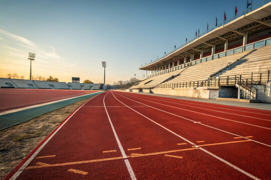Empty running track and stadium seating under a clear sky