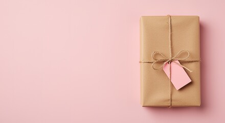 Simple and elegant wrapped gift box with brown paper and pink tag isolated on light pink background studio shot perfect for various occasions