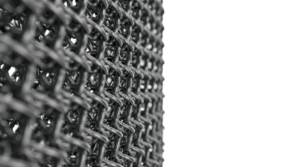 Abstract close-up of cool metallic gray mesh with individual geometric links, ultra-sharp on a transparent background with copy space, concept of structured precision