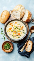 Creamy soup with corn, potatoes, and bread