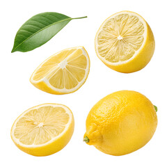 lemon fruit whole half slice leaf falling in the air on white background png