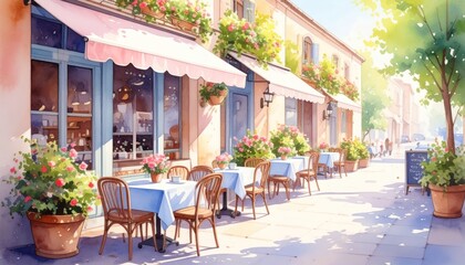Fototapeta premium Charming Cafe Terrace Watercolor Painting with Sunlit Tables and Pink Flowers