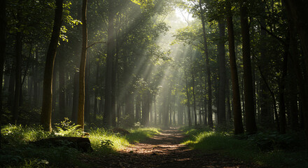 Obraz premium A sunlit path through a dense forest with tall trees and vibrant green foliage creating a serene scene