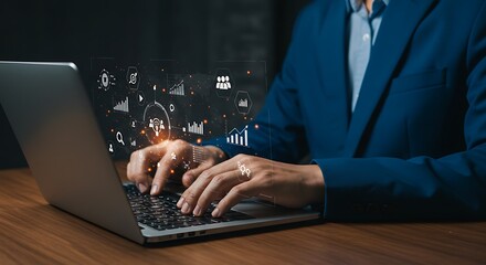 high quality Businessman Working on Laptop with Financial Data