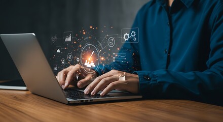 Man Working on Laptop with Various Icons Overlaid on Screen