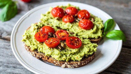 Healthy avocado toast on whole grain bread with roasted cherry tomatoes and seeds