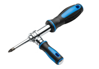 T handle screwdriver with blue and black grip isolated on a transparent background