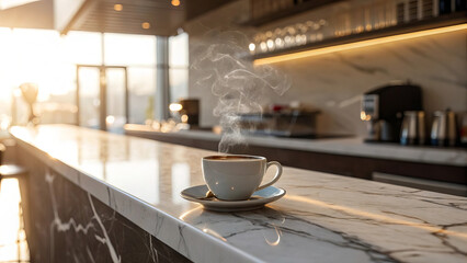 A warm cup of coffee sits on a marble countertop in a modern cafe