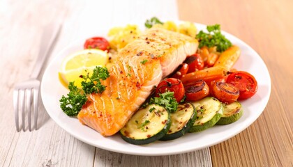 A gourmet fillet of baked salmon served with roasted vegetables like carrots, zucchini, and cherry tomatoes.