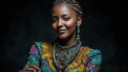 A striking woman with braided hair, adorned with vibrant traditional attire and jewelry, smiles