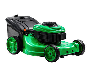 Fototapeta premium Bright green lawn mower, side view, black details. Compact design, storage compartment