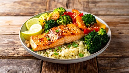 Delicious grilled salmon fillet with broccoli and couscous in a healthy power bowl