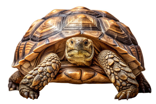 Front view of a tortoise with a detailed shell and textured skin, isolated on transparent background