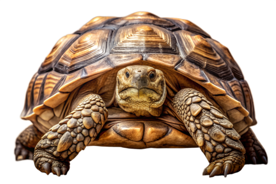 Front view of a tortoise with a detailed shell and textured skin, isolated on transparent background