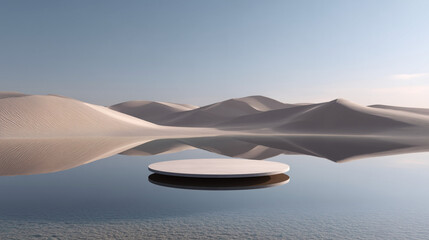 A vast sand dune as a backdrop, a lake in the foreground, a round table top floating on the water with reflections, an empty scene and a minimalist style.