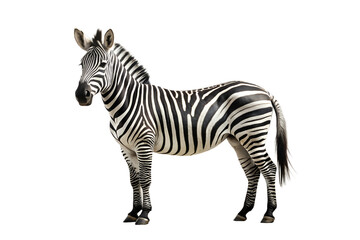 A zebra standing in profile, isolated on transparent background, showcasing its distinctive black and white stripes, a unique african wildlife animal