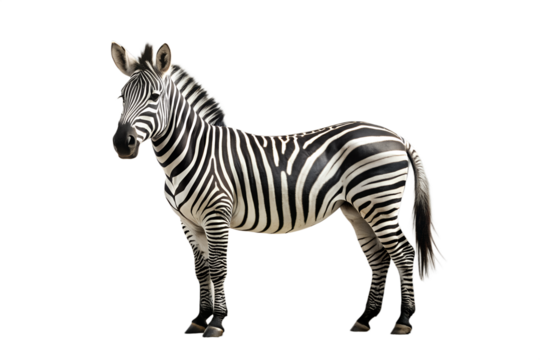 A zebra standing in profile, isolated on transparent background, showcasing its distinctive black and white stripes, a unique african wildlife animal