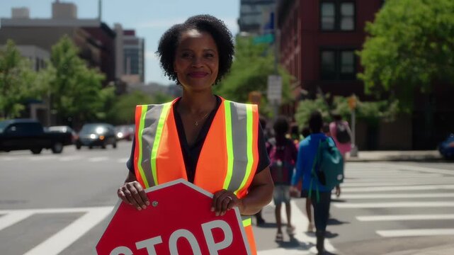 Friendly african american crossing guard protecting schoolchildren while stopping traffic, helping students cross street safely near urban school building