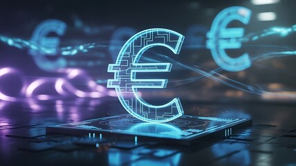 Glowing euro symbol digital platform currency technology