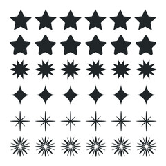 Set of black silhouette icons of stars on white background. Geometric shapes. Print.