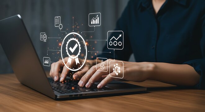 Person Typing on Laptop with Various Icons Floating Around - Powered by Adobe